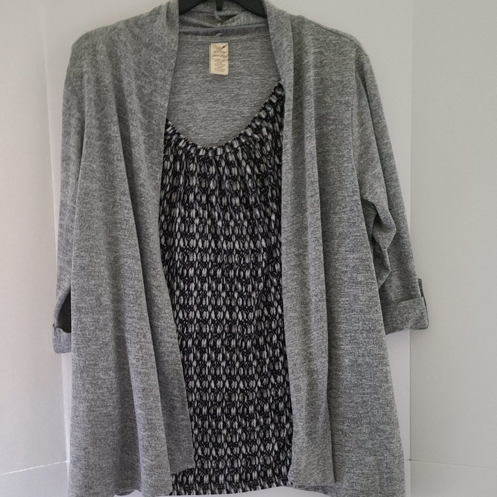 FADDED GLORY HEATHER GREY COMBO CARDIGAN MOCK LAYERED BLOUSE PLUS SZ 3X(22W-24W)